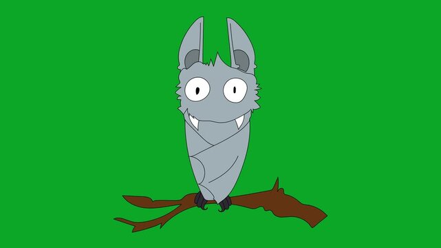 Hand Drawn Cute Vampire Bat Hanging on Tree Branch 2D Animation on Green Screen