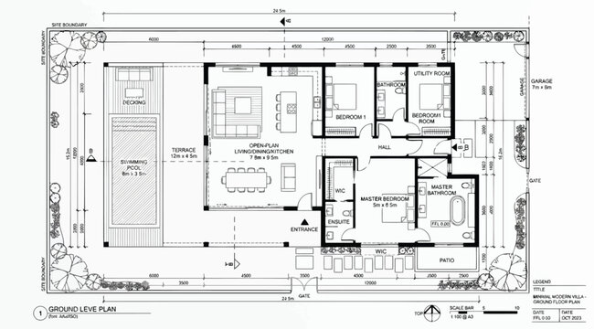 Minimal modern villa ground floor architectural plan with swimming pool and garden layout