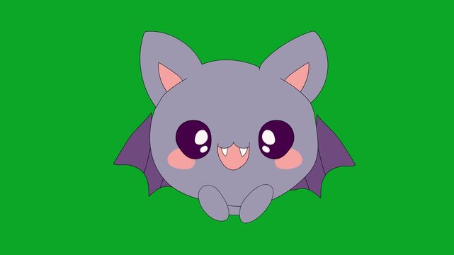 Cute Chubby Purple Cartoon Bat Flapping Wings 2D Animation on Green Screen
