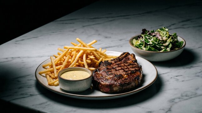 Classic French steak frites with bernaise sauce and copy space