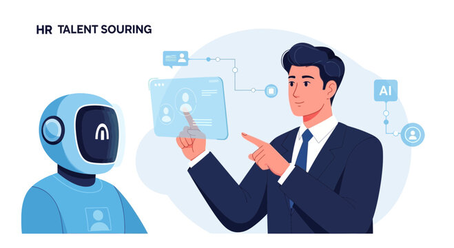 HR professional using AI robot for talent sourcing, futuristic recruitment