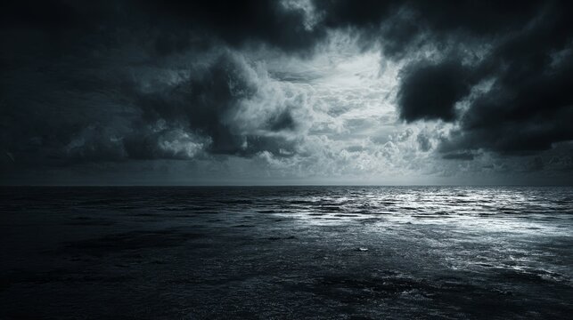 Dramatic storm-laden clouds gather menacingly over a vast, dark, and turbulent ocean, creating a foreboding atmosphere.