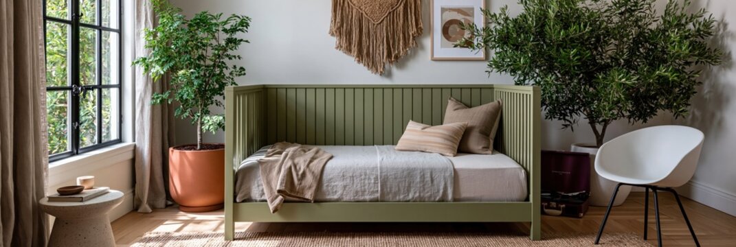 Cozy boho bedroom with green daybed, plants and macrame wall hanging for interior design and lifestyle background