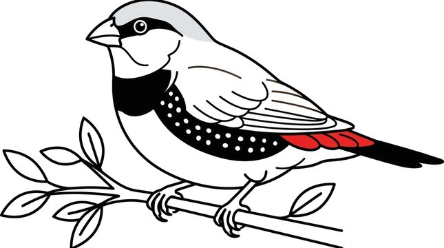 Cute Zebra Finch Bird Perched on Branch, Cartoon Illustration