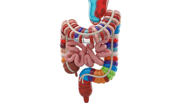 Human digestive system anatomy colorful rendering of intestines and internal organs.