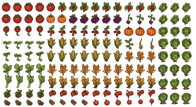 Hand-drawn vegetable garden icons set, organic farm produce vector collection, rustic hand-colored vegetable illustrations for farming and gardening apps