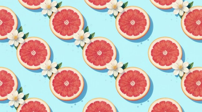 Grapefruit slices and white blossoms create a repeating pattern on a light blue background. Abstract fruit splash artwork with subtle water drops for refreshing design. Juicy summer theme.