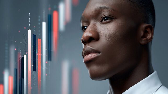 Decentralized Finance Focus: Side view of a trader's face, illuminated by a sharp violet light leaking from floating blockchain data nodes, micro-charts drifting past, deep cinematic depth