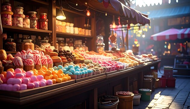 Colorful sweet treats on market stall.