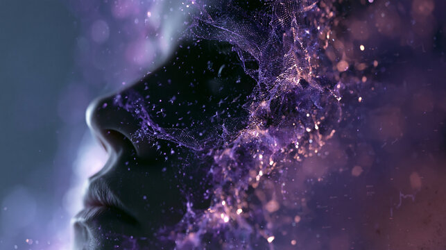 Decentralized Finance Focus: Side view of a trader's face, illuminated by a sharp violet light leaking from floating blockchain data nodes, micro-charts drifting past, deep cinematic depth