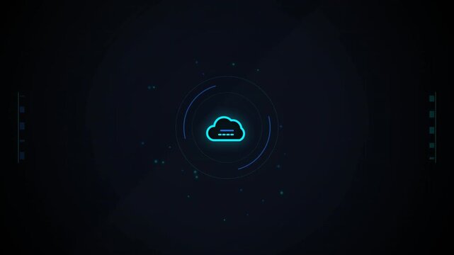 Digital cloud icon surrounded by concentric circles and data points against a dark, tech-themed background representing cloud computing