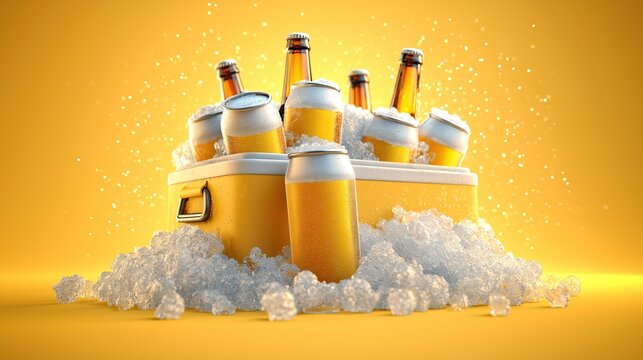 Chilled beer bottles and cans in ice inside yellow cooler with spilled crushed ice on plain bright yellow background showing cold refreshing summer beer drink concept