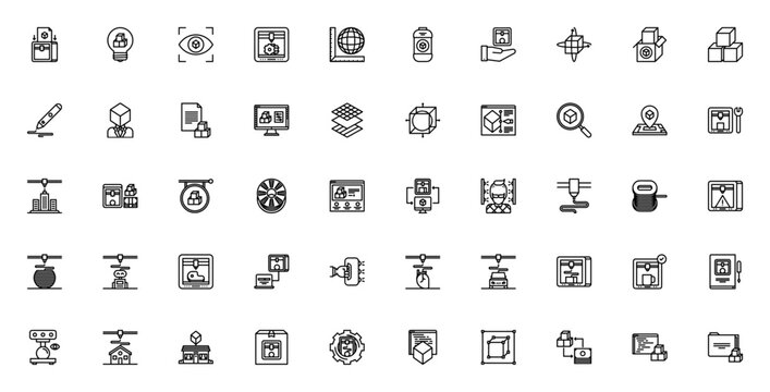 3D Printer icon set. Minimal vector icons pack. Includes symbols for 3D printing, modeling, scanner, file, cube, idea, money. Editable stroke.