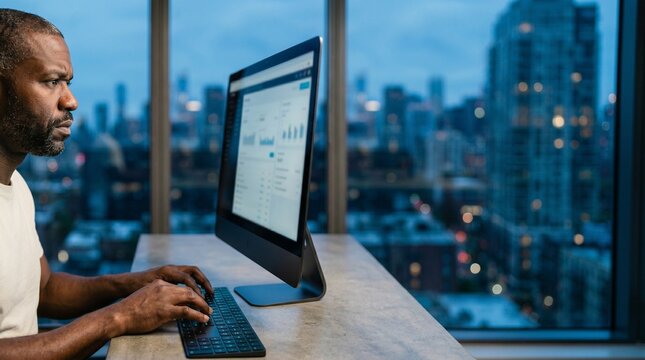 African American man coding on computer in modern city office at night.