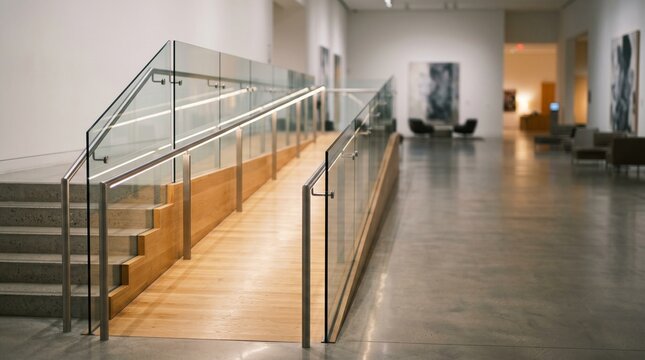 Modern handicap accessible ramp and staircase in art gallery interior.