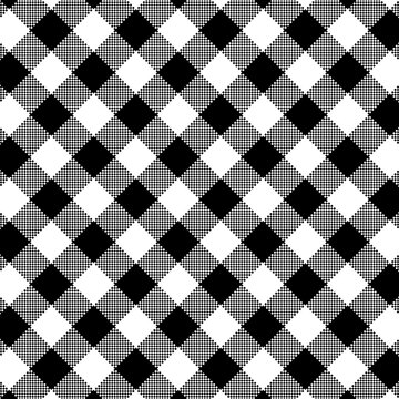 ​Seamless black and white buffalo plaid pattern background. Diagonal gingham fabric texture vector illustration for fashion, textile, wrapping, and wallpaper design.