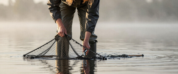 Naklejka premium Person retrieving fishing net from calm water at sunrise for fresh water 