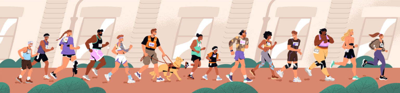 Banner with diverse people running marathon on urban street. Athletes and runners with disabilities are jogging, training. Joggers are in sports race, competition in city. Flat vector illustration