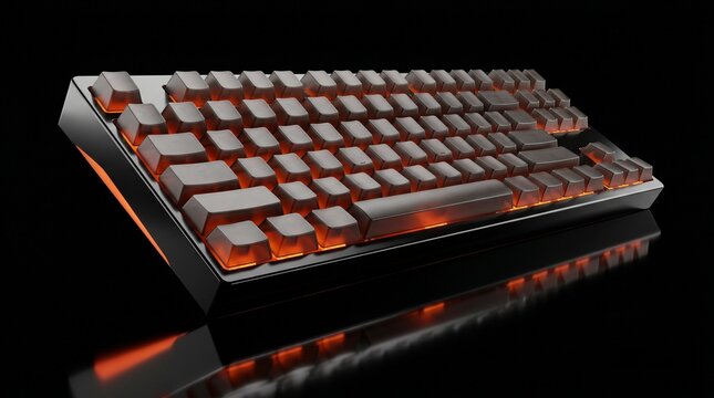 Modern mechanical gaming keyboard with orange LED backlighting on black reflective surface