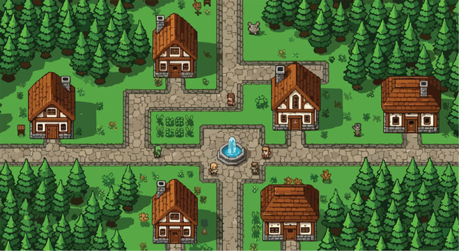 Pixel art medieval village landscape, retro 16-bit game map with cottage houses and stone paths, fantasy town top-down vector illustration