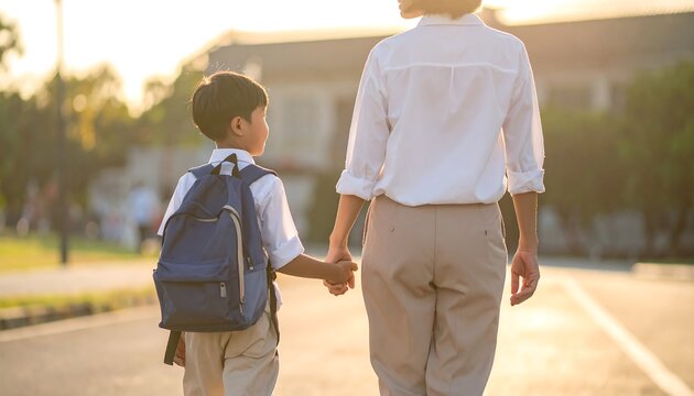 Mother and son holding hands walking together outdoors near a building