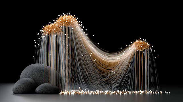 The Algorithm Lattice: An abstract network of copper filaments, light paths moving rapidly through them, an overlay layer of clean financial percentages shifting dynamically