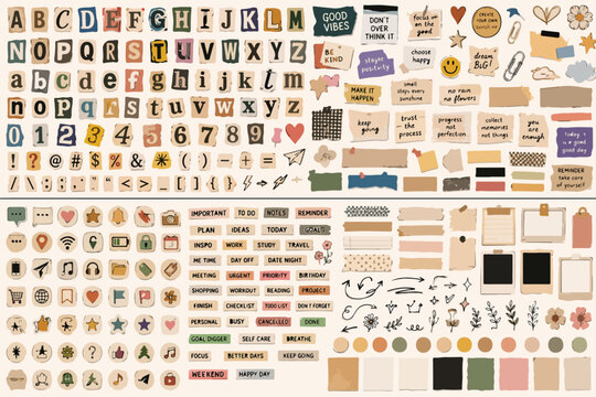 Vintage scrapbook kit with ransom note alphabet letters, aesthetic paper scraps and planner stickers, retro collage elements vector set