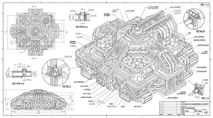 Obraz premium Technical blueprint of an advanced mechanical engineering concept featuring complex machinery and structural components