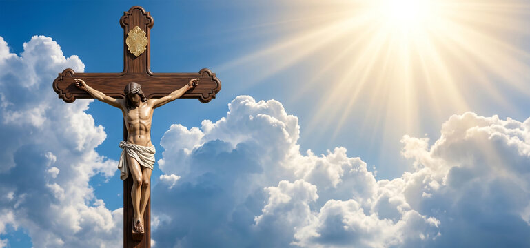 Jesus Christ crucifixion cross, dramatic sun rays sky, christian religious faith concept, beautiful clouds spiritual background, holy resurrection easter scenery, divine hope salvation belief, biblica