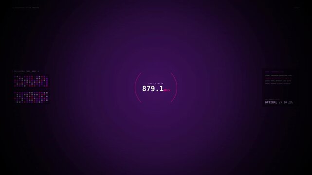 A modern digital display with a central number and various graphical elements, set against a deep purple background
