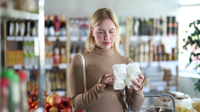 Young woman pick up yogurt in store. Customer consider make choice sour-milk dessert, compare varieties products. Client hesitate before buying, choose yogurt