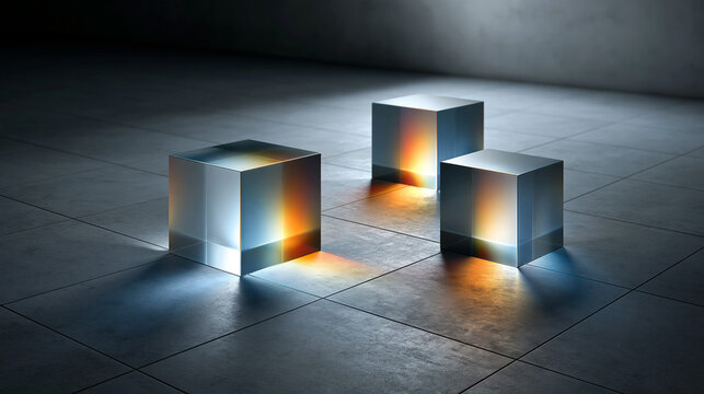 Iridescent Prism Flow: Futuristic 3D glass prisms casting soft spectrum colors across a clean grey floor, a subtle holographic typography overlay showing random data bytes