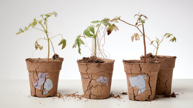 A set of four clay pots with wilted plants, highlighting the importance of proper plant care and the impact of environmental conditions.
