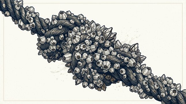 Close-up of a thick rope covered in barnacles, sea life detail