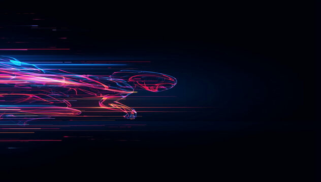 futuristic athlete in neon speed motion blur on dark abstract background