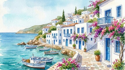 Obraz premium Scenic Coastal Village with White Houses and Vibrant Flowers