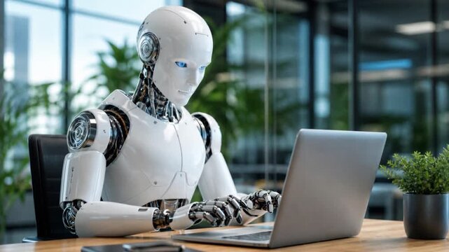 Robot humanoid use laptop and sit at table for big data analytic using AI.

