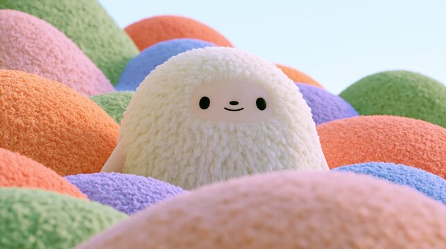 Cute 3d fluffy white smiling character among multicolor soft fluffy round hills against light blue sky showing happy positive minimalist cute aesthetic concept