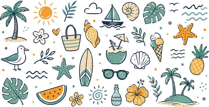 Tropical Summer Beach Vacation Cute Doodle Vector Illustration Set