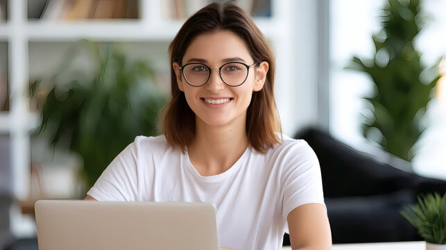 Smiling young woman in glasses working on laptop at home, sitting at desk in modern cozy living room, remote work or online education concept.