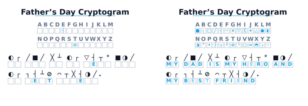 Father's Day cryptogram puzzle with letters and symbols on white background  