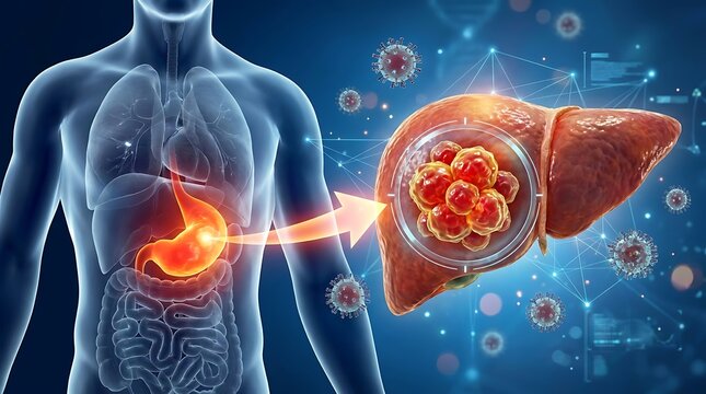 Medical illustration depicting a human torso with glowing stomach and intestines, showing the spread of viruses to a diseased liver filled with cancerous cells.
