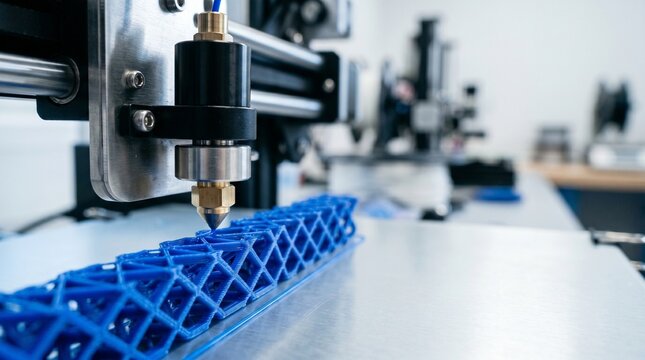 3D printer head creating blue lattice structure in modern industrial workshop