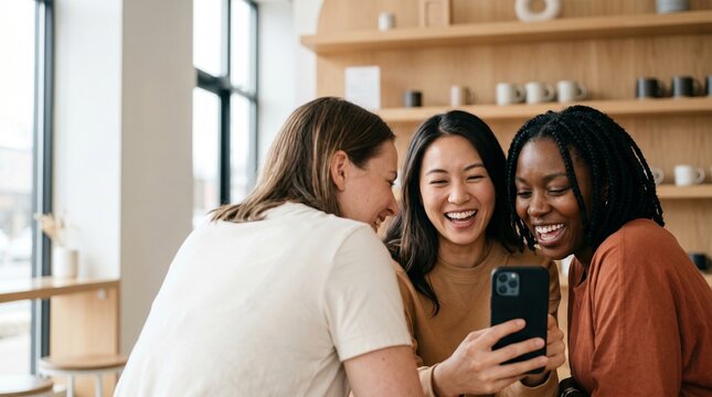 Diverse friends using smartphone to watch content together in a cafe.