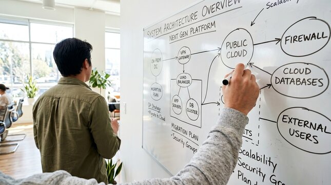 Software engineers collaborating on cloud infrastructure diagram on whiteboard.