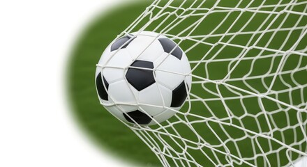 Fototapeta premium A classic white and black soccer ball hangs suspended within the white mesh of a goal net, illustrating a successful score on a green turf, score, mesh, pattern