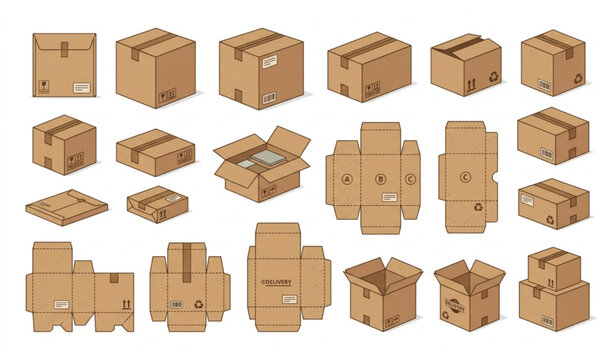 Brown packaging box set flat cardboard delivery vector illustration isolated white background