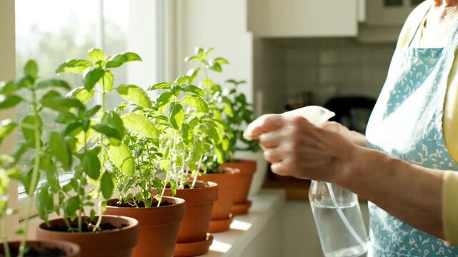 Senior Woman Spraying Fresh Basil Herbs on Kitchen Windowsill Using Water Bottle for Sustainable Home Gardening Concept