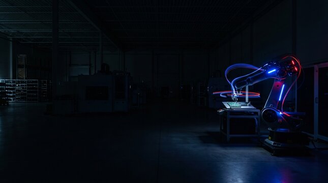 Automated robotic arm manufacturing electronics in dark smart factory warehouse.