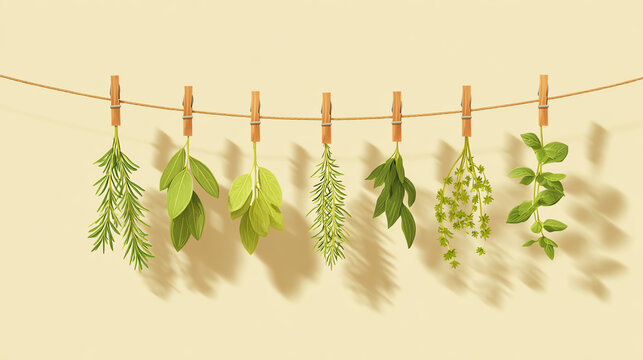 A vibrant collection of fresh herbs hanging on a string, showcasing their green hues and textures against a soft background.